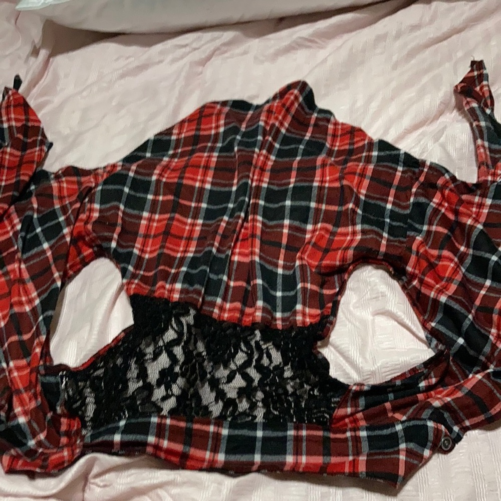 Cute plaid vest/shirt with lace detail and ties